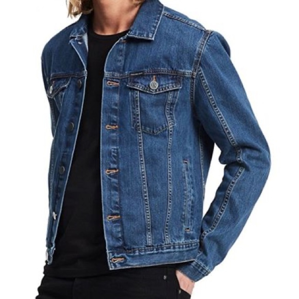 CALVIN KLEIN Dark Wash Denim Trucker Jacket MENS - Picture 2 of 3